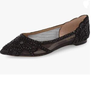 XYD Black Pointed Toe Rhinestone Flats Mesh Crystal Embellished Wedding Shoes